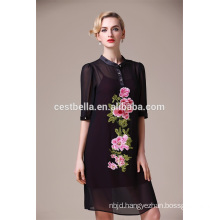 Half Sleeve Floral Embroidery Black blue red Midi Dresses For Women